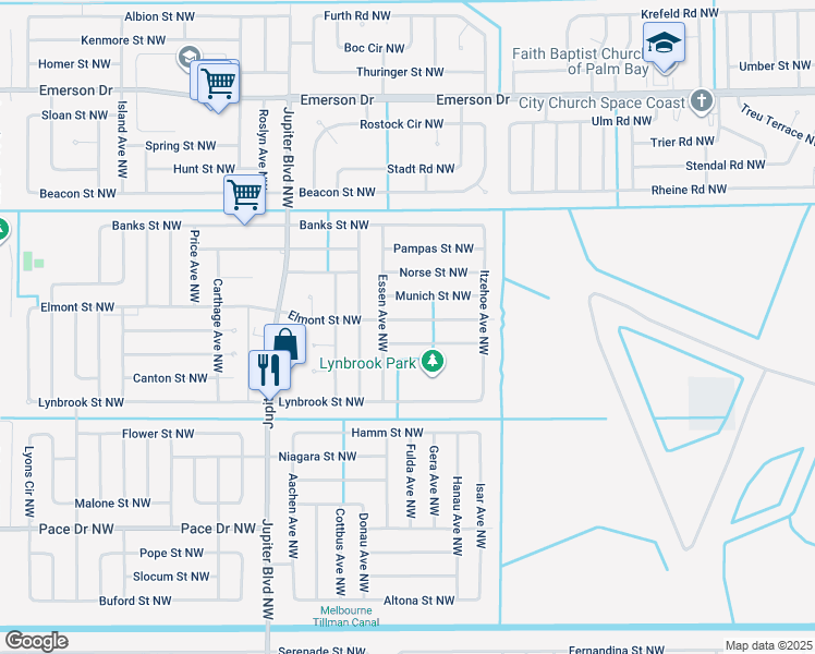 map of restaurants, bars, coffee shops, grocery stores, and more near 725 Elmont Street Northwest in Palm Bay