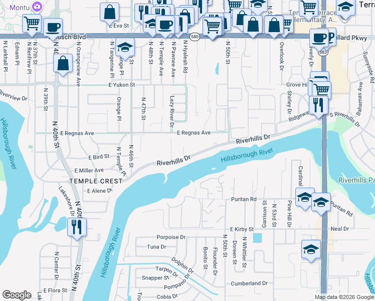 map of restaurants, bars, coffee shops, grocery stores, and more near 8310 North River Oaks Court in Tampa