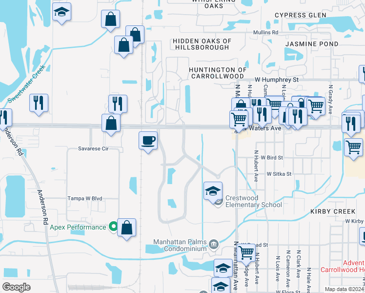 map of restaurants, bars, coffee shops, grocery stores, and more near 4631 Woodland Corporate Boulevard in Tampa