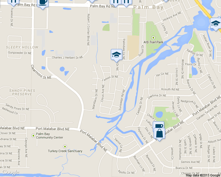 map of restaurants, bars, coffee shops, grocery stores, and more near 1012 Pineapple Avenue Northeast in Palm Bay
