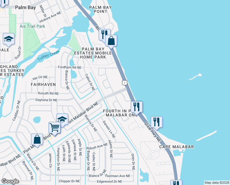 map of restaurants, bars, coffee shops, grocery stores, and more near 4650 Dixie Highway Northeast in Palm Bay
