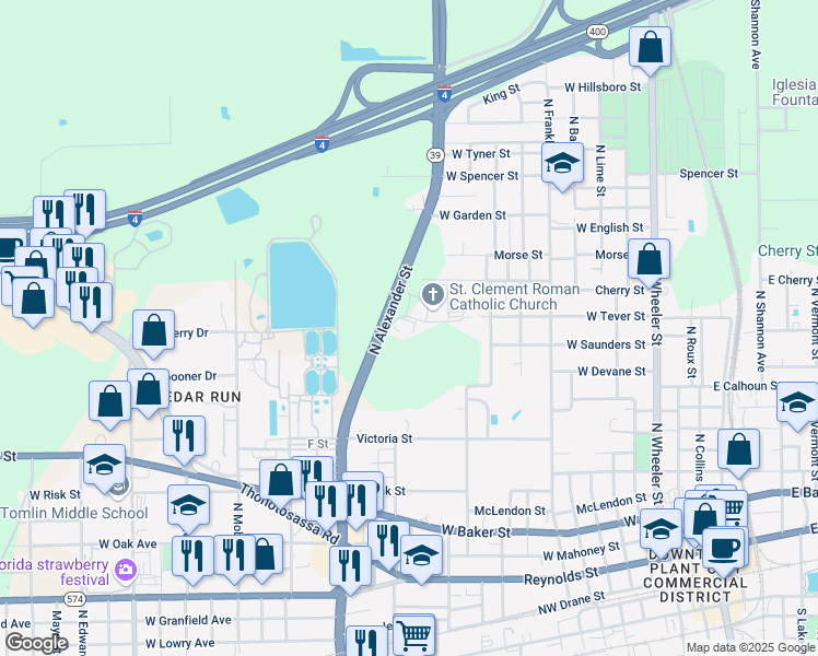 map of restaurants, bars, coffee shops, grocery stores, and more near 1104 North Alexander Street in Plant City