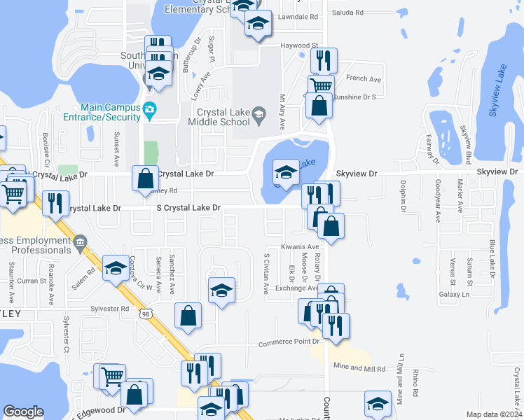 map of restaurants, bars, coffee shops, grocery stores, and more near 2347 South Crystal Lake Drive in Lakeland