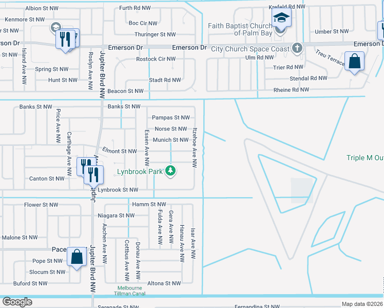 map of restaurants, bars, coffee shops, grocery stores, and more near 1055 Itzehoe Avenue Northwest in Palm Bay
