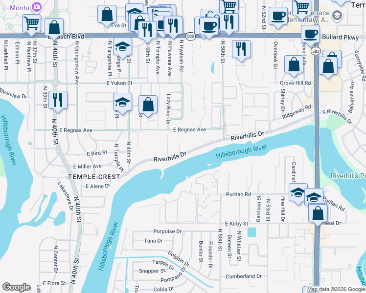 map of restaurants, bars, coffee shops, grocery stores, and more near 8310 North River Oaks Court in Tampa