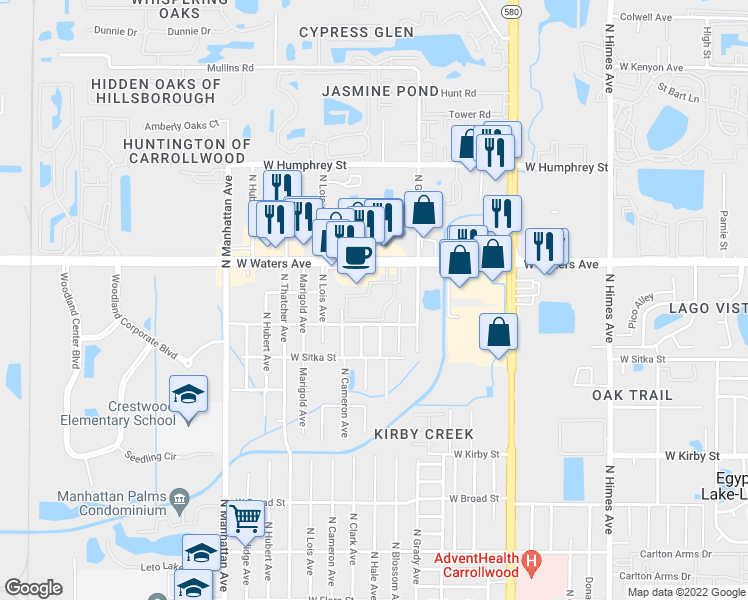 map of restaurants, bars, coffee shops, grocery stores, and more near 4020 West Waters Avenue in Tampa