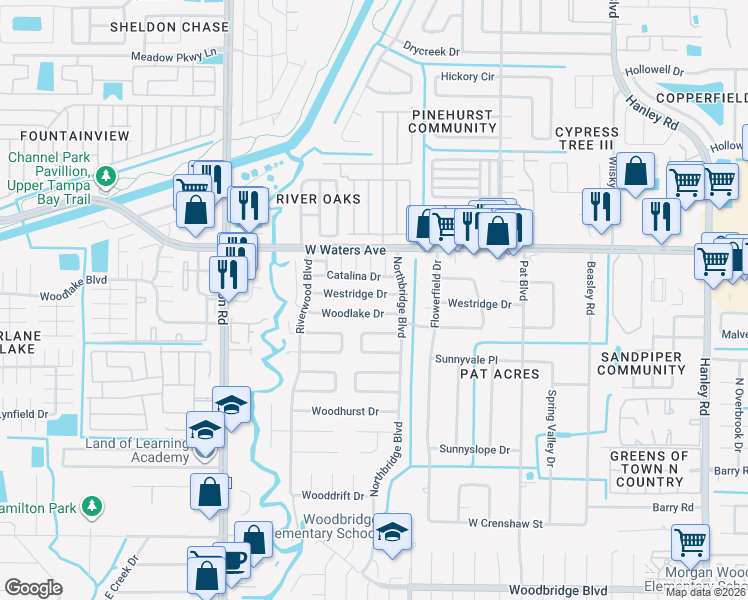 map of restaurants, bars, coffee shops, grocery stores, and more near 8409 Westridge Drive in Tampa
