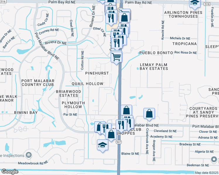 map of restaurants, bars, coffee shops, grocery stores, and more near 1678 Sunny Brook Lane in Palm Bay