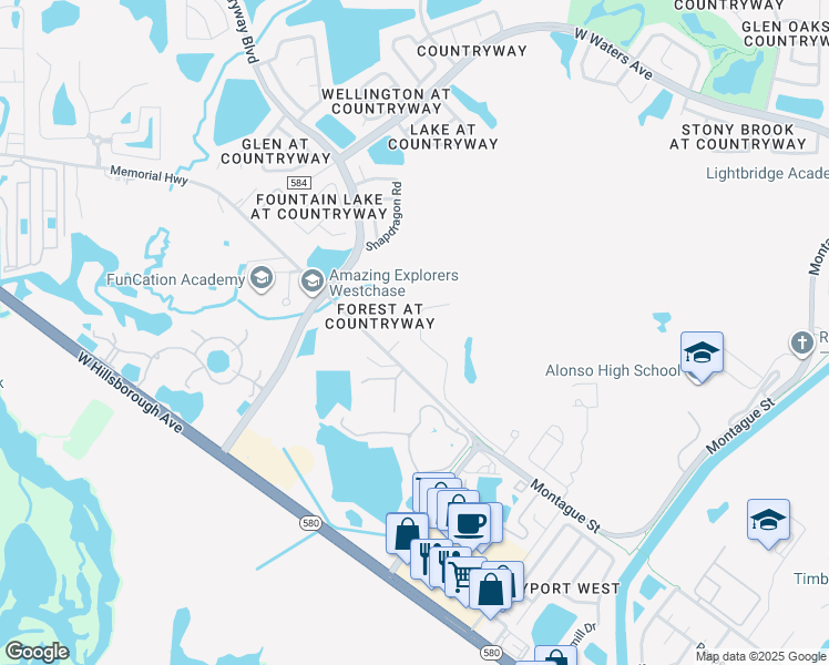 map of restaurants, bars, coffee shops, grocery stores, and more near 11514 Quiet Forest Drive in Tampa
