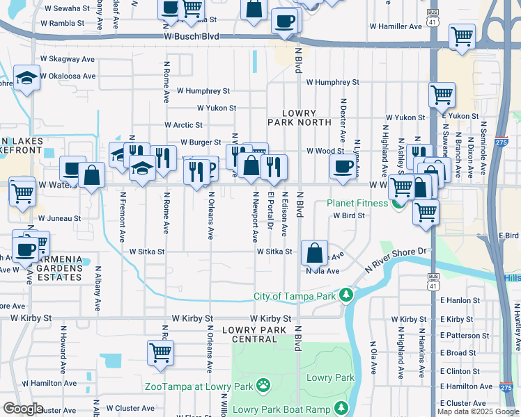 map of restaurants, bars, coffee shops, grocery stores, and more near 8313 North Newport Avenue in Tampa