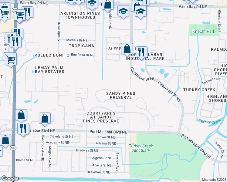 map of restaurants, bars, coffee shops, grocery stores, and more near 2196 Spring Creek Circle in Palm Bay