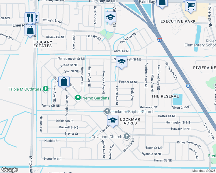 map of restaurants, bars, coffee shops, grocery stores, and more near 600 Emerson Drive Northeast in Palm Bay