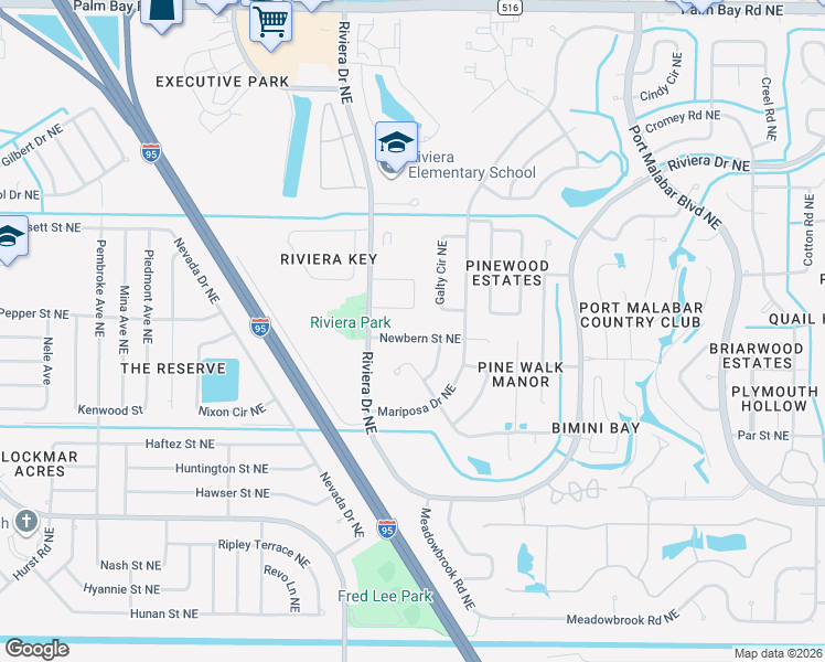 map of restaurants, bars, coffee shops, grocery stores, and more near 1041 Newbern Street Northeast in Palm Bay