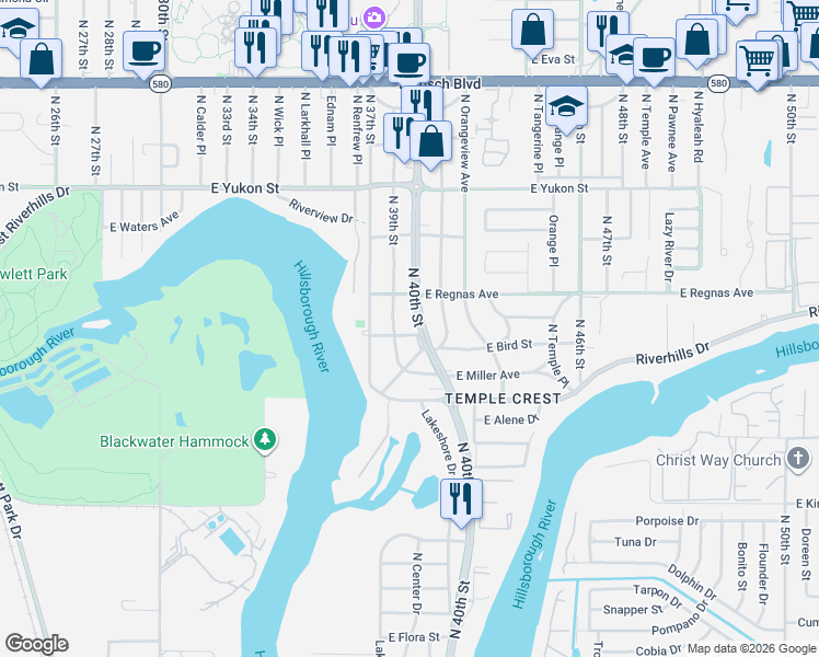 map of restaurants, bars, coffee shops, grocery stores, and more near 3906 East Bird Street in Tampa