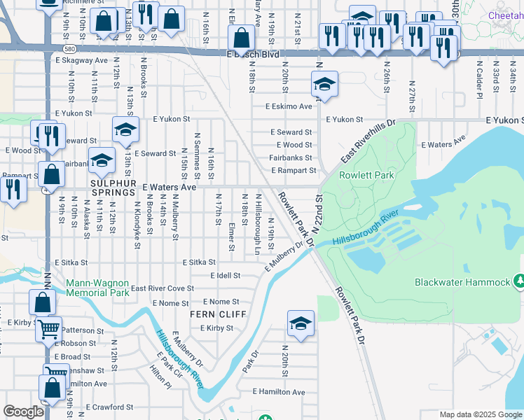 map of restaurants, bars, coffee shops, grocery stores, and more near 8310 North Hillsborough Lane in Tampa