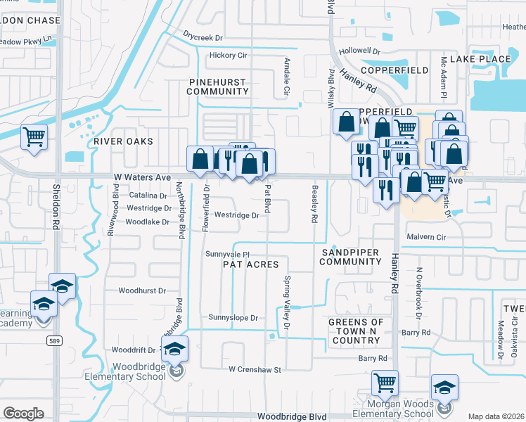 map of restaurants, bars, coffee shops, grocery stores, and more near 8310 Pat Boulevard in Tampa