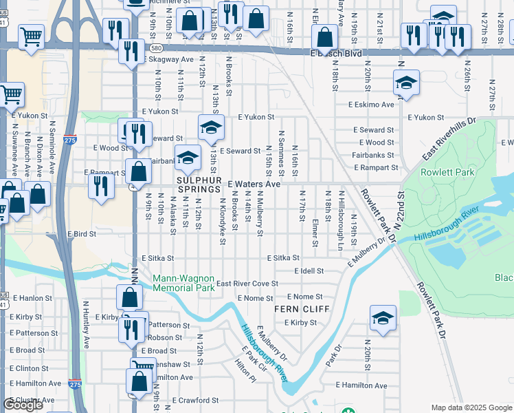 map of restaurants, bars, coffee shops, grocery stores, and more near 8307 North Mulberry Street in Tampa