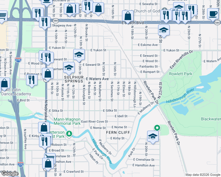 map of restaurants, bars, coffee shops, grocery stores, and more near 8307 North Semmes Street in Tampa