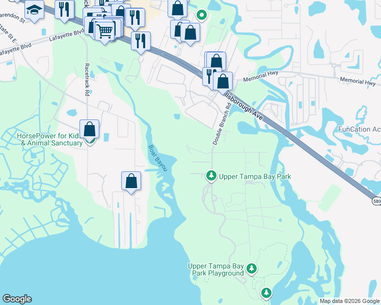 map of restaurants, bars, coffee shops, grocery stores, and more near 8128 Muddy Pines Place in Tampa