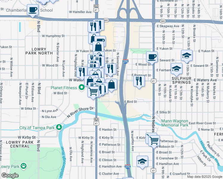 map of restaurants, bars, coffee shops, grocery stores, and more near 8303 N Florida Ave in Tampa