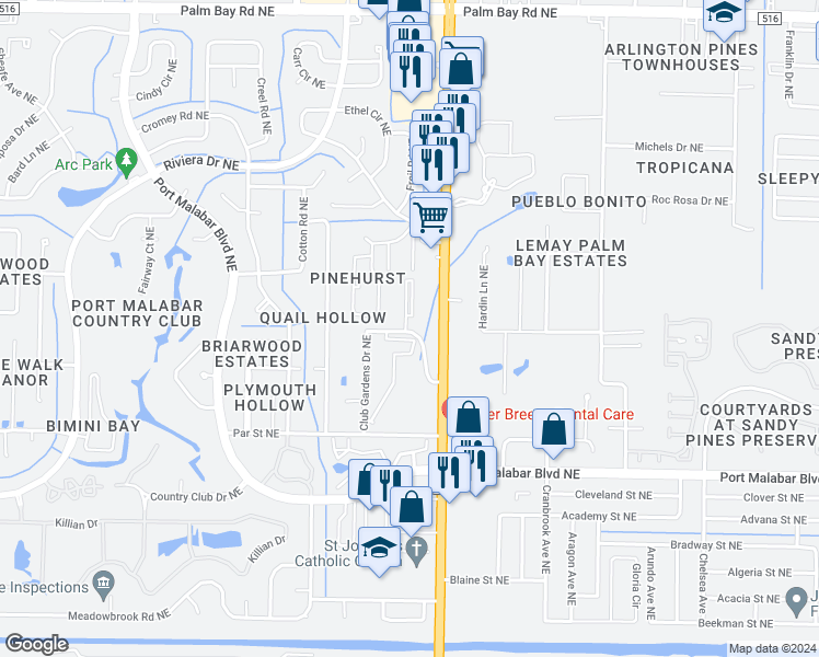 map of restaurants, bars, coffee shops, grocery stores, and more near 1657 Sunny Brook Lane in Palm Bay