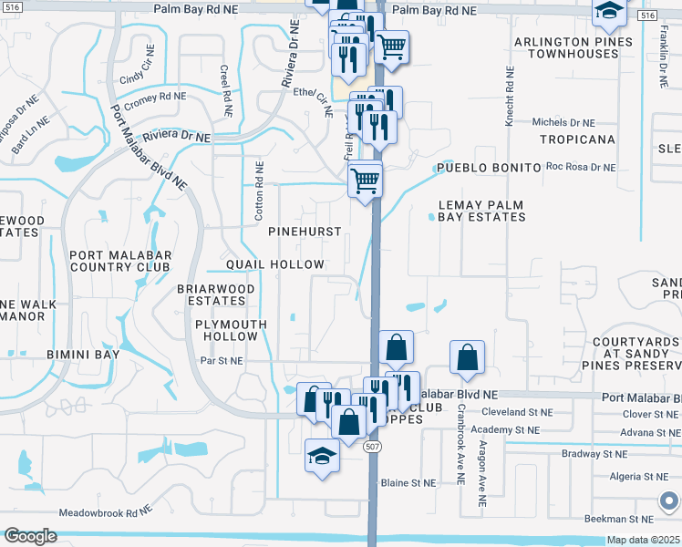 map of restaurants, bars, coffee shops, grocery stores, and more near 1657 Sunny Brook Lane in Palm Bay