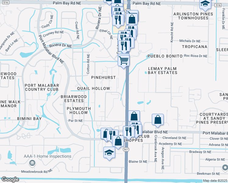 map of restaurants, bars, coffee shops, grocery stores, and more near 1657 Sunny Brook Lane in Palm Bay