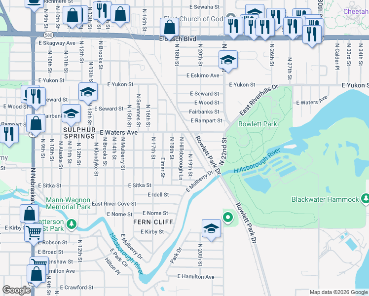 map of restaurants, bars, coffee shops, grocery stores, and more near 8310 North Hillsborough Lane in Tampa