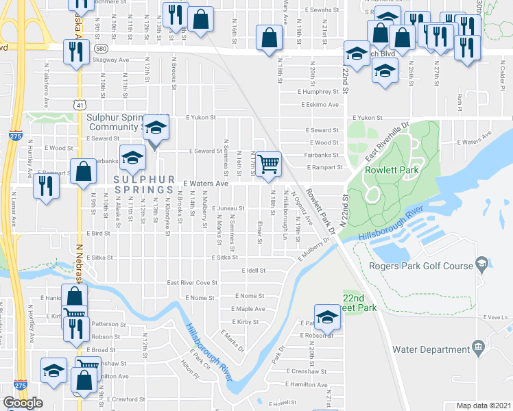 map of restaurants, bars, coffee shops, grocery stores, and more near 8308 North Elmer Street in Tampa