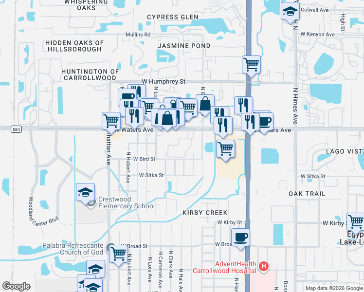 map of restaurants, bars, coffee shops, grocery stores, and more near 4014 West Waters Avenue in Tampa
