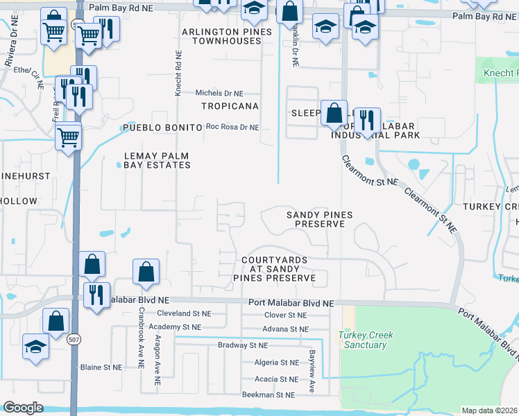 map of restaurants, bars, coffee shops, grocery stores, and more near 2182 Spring Creek Circle in Palm Bay