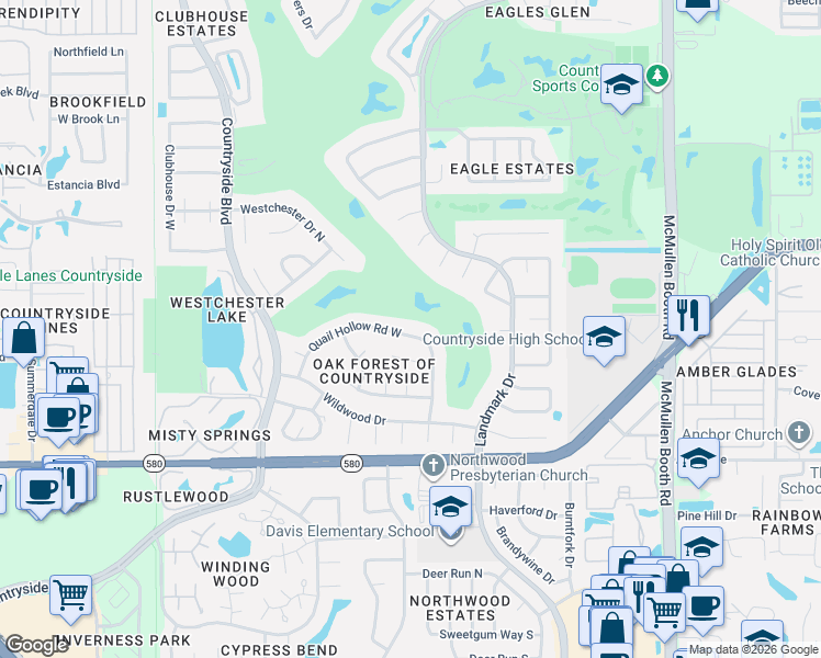 map of restaurants, bars, coffee shops, grocery stores, and more near 2860 Quail Hollow Road West in Clearwater