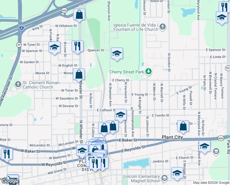 map of restaurants, bars, coffee shops, grocery stores, and more near 1105 McDavid Avenue in Plant City