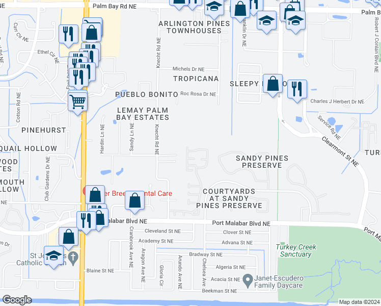map of restaurants, bars, coffee shops, grocery stores, and more near 1188 Goldenrod Circle Northeast in Palm Bay