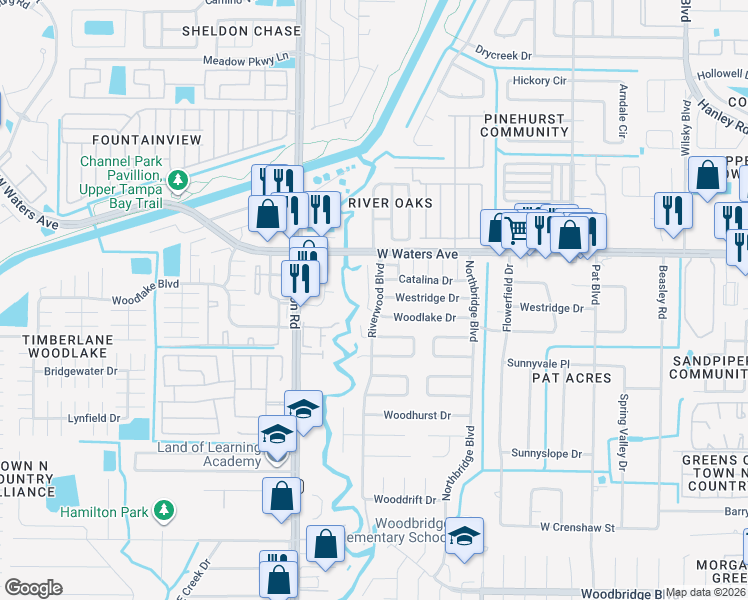 map of restaurants, bars, coffee shops, grocery stores, and more near 8515 Westridge Drive in Tampa