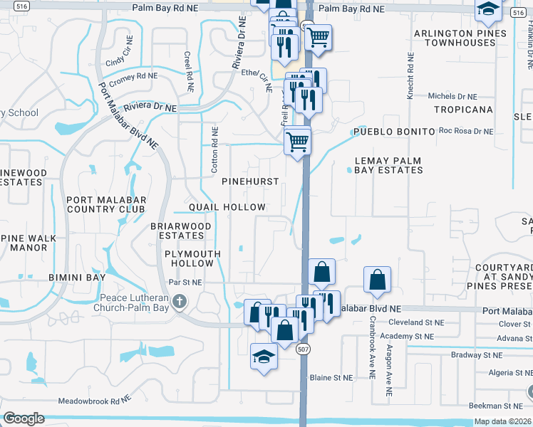 map of restaurants, bars, coffee shops, grocery stores, and more near 1641 Sunny Brook Lane in Palm Bay