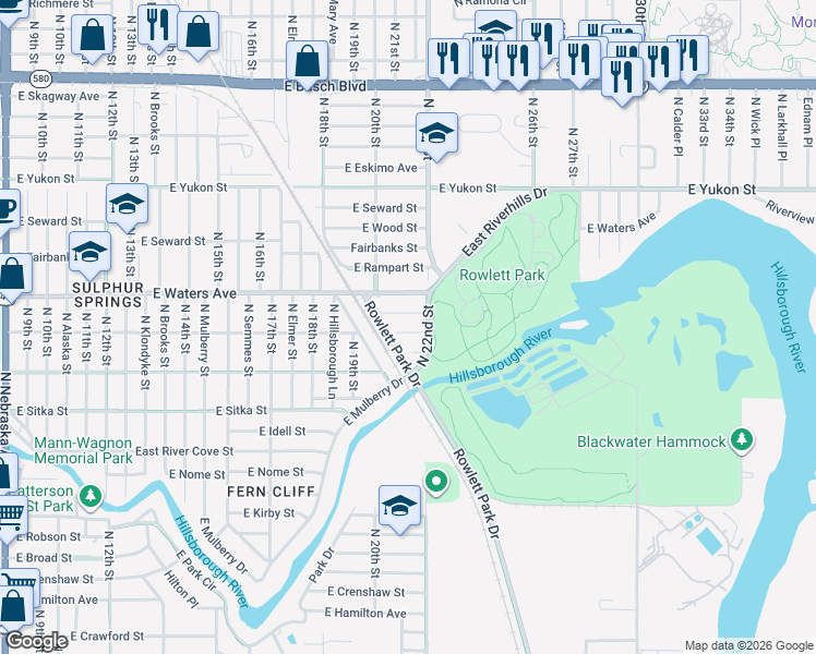map of restaurants, bars, coffee shops, grocery stores, and more near 2110 East Juneau Street in Tampa