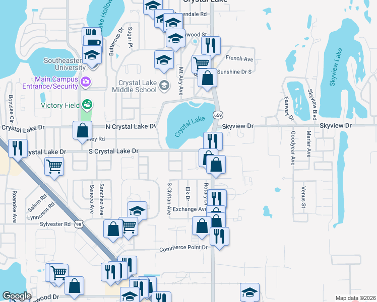 map of restaurants, bars, coffee shops, grocery stores, and more near 2503 South Crystal Lake Drive in Lakeland