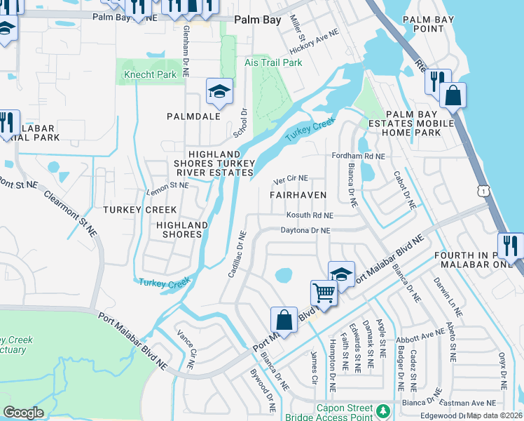 map of restaurants, bars, coffee shops, grocery stores, and more near 1134 Hulda Street Northeast in Palm Bay