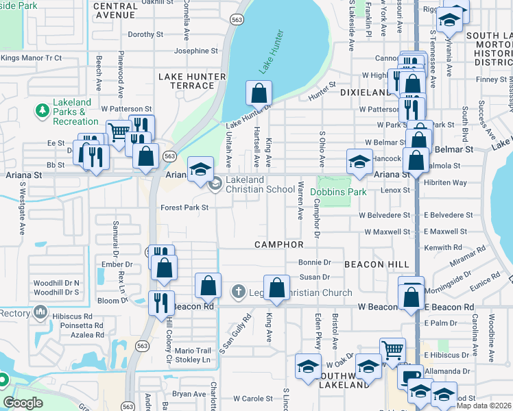 map of restaurants, bars, coffee shops, grocery stores, and more near 902 Marietta Street in Lakeland