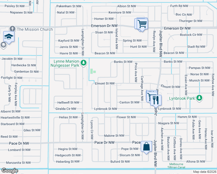 map of restaurants, bars, coffee shops, grocery stores, and more near 1099 Sheridan Avenue Northwest in Palm Bay