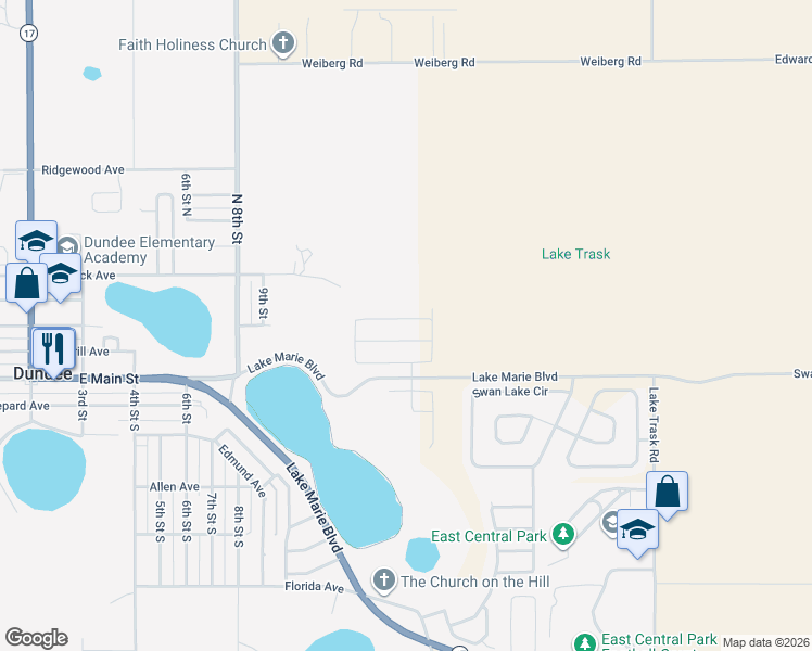 map of restaurants, bars, coffee shops, grocery stores, and more near 1122 Legatto Loop in Dundee