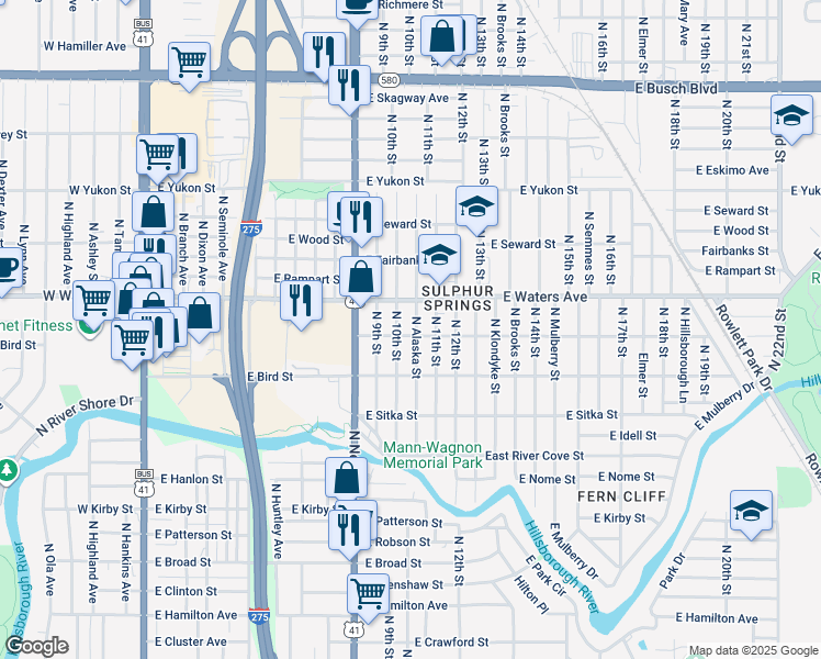map of restaurants, bars, coffee shops, grocery stores, and more near 8308 North Alaska Street in Tampa