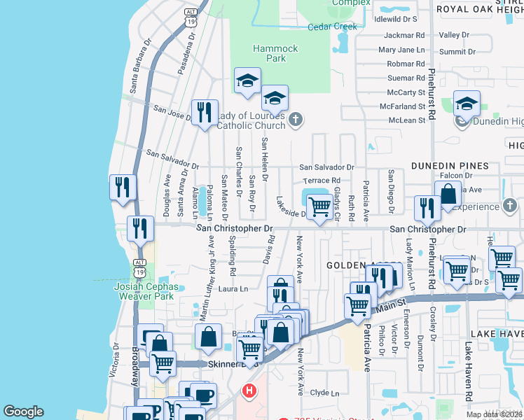 map of restaurants, bars, coffee shops, grocery stores, and more near 1470 San Helen Drive in Dunedin