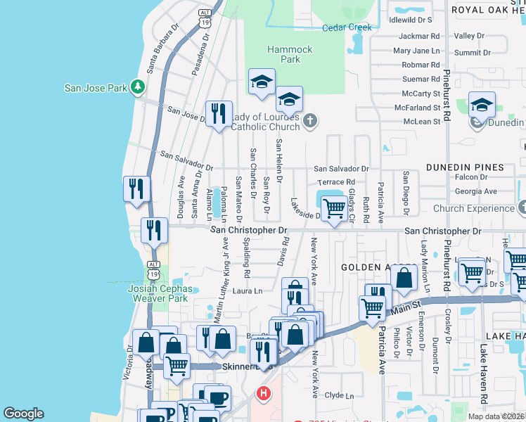 map of restaurants, bars, coffee shops, grocery stores, and more near 1459 San Charles Drive in Dunedin