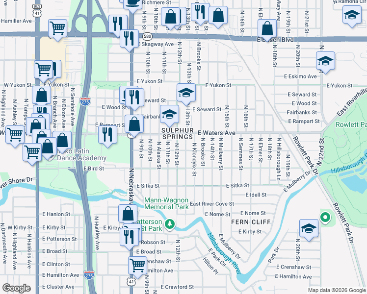 map of restaurants, bars, coffee shops, grocery stores, and more near 8304 North 13th Street in Tampa
