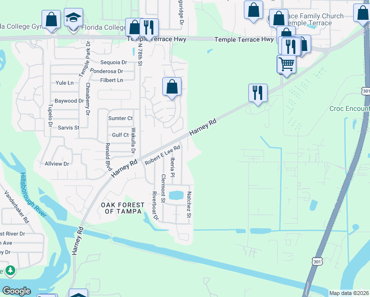 map of restaurants, bars, coffee shops, grocery stores, and more near 8341 Paddlewheel Street in Tampa