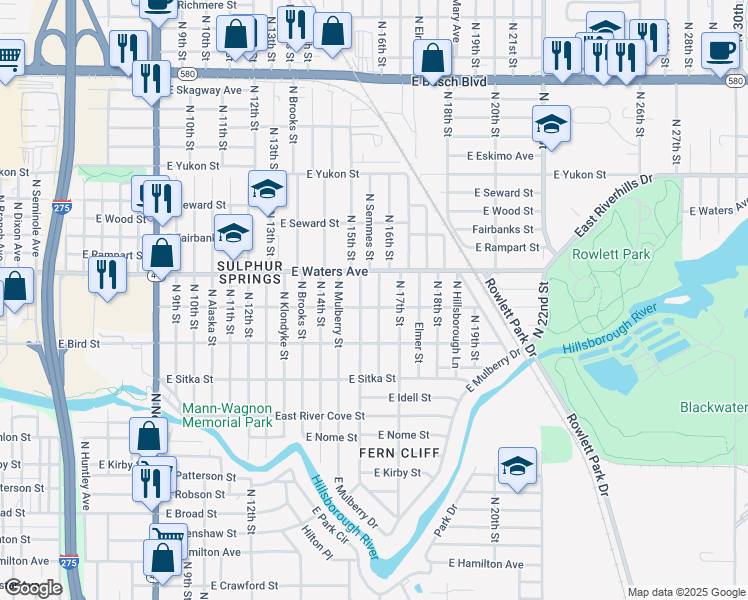 map of restaurants, bars, coffee shops, grocery stores, and more near 8307 North Semmes Street in Tampa