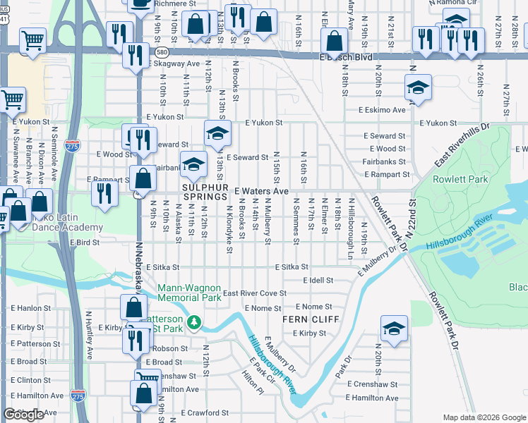 map of restaurants, bars, coffee shops, grocery stores, and more near 8307 North Mulberry Street in Tampa