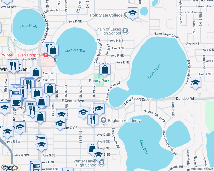 map of restaurants, bars, coffee shops, grocery stores, and more near 711 Avenue B Northeast in Winter Haven